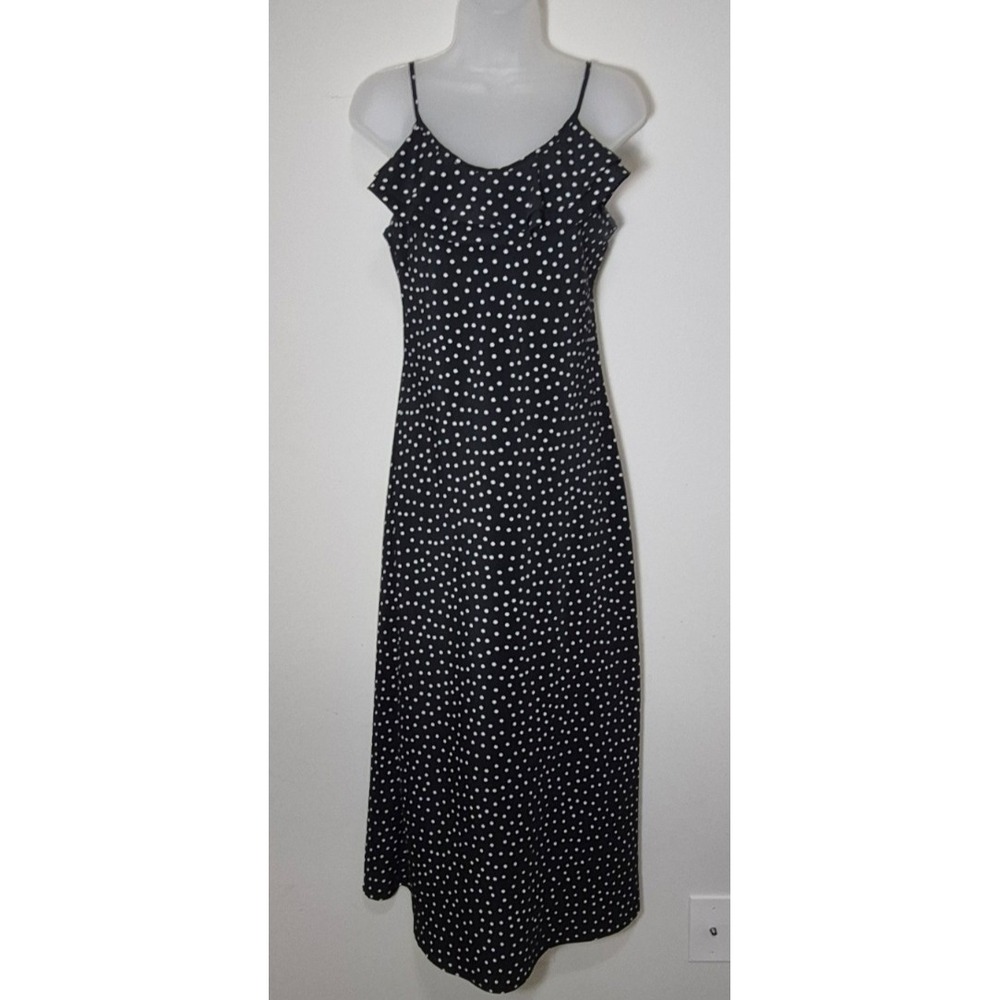VTG 90s My Michelle black polka dot maxi dress sleeveless ruffle 11/12 USA retro